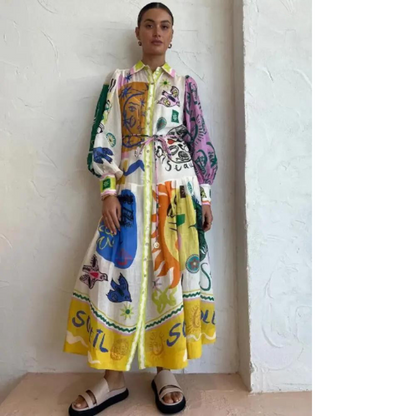 Nora - Lange Vintage Designer Jurk met Knoopjes en Kraag