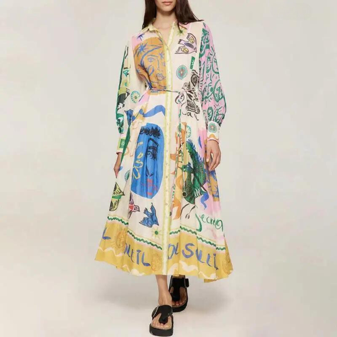 Nora - Lange Vintage Designer Jurk met Knoopjes en Kraag