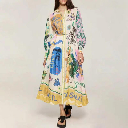 Nora - Lange Vintage Designer Jurk met Knoopjes en Kraag