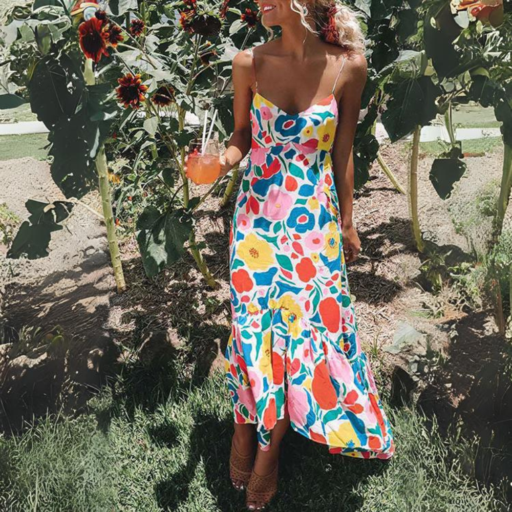 Monica - Meridress Bloemenprint V-hals Maxi Jurk met Bandjes