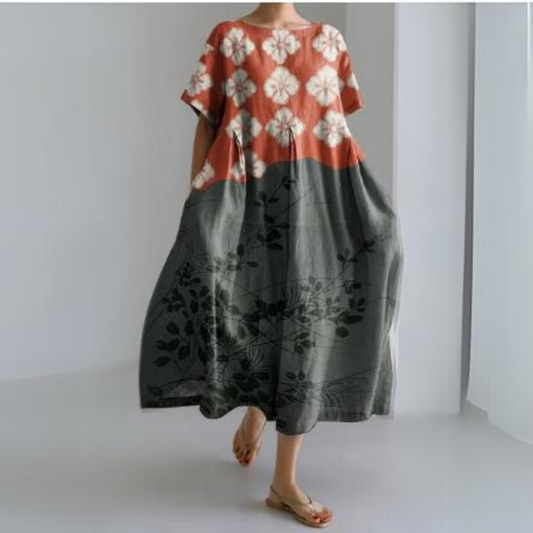 Maria - Mouwloze Casual midi-Jurk van Linnenmix met Japanse Kunstbloemenprint