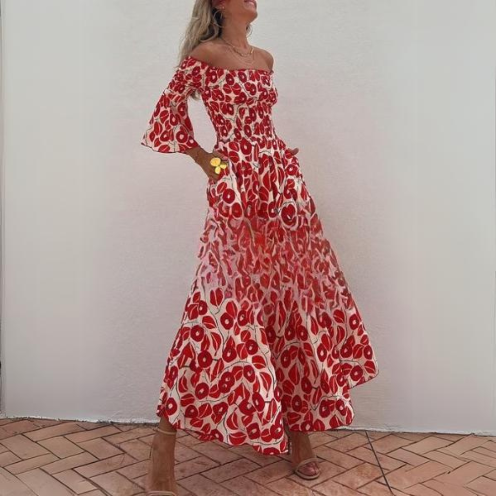 Amaris -  Gesmokte off-Shoulder Maxi-Jurk met Bloemenprint en Zakken