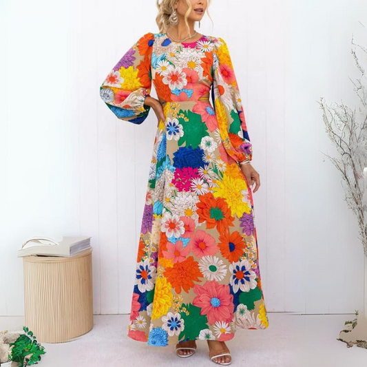 Blaire -  Maxi-Jurk met Bloemenprint, Halslijn en Elastische Taille