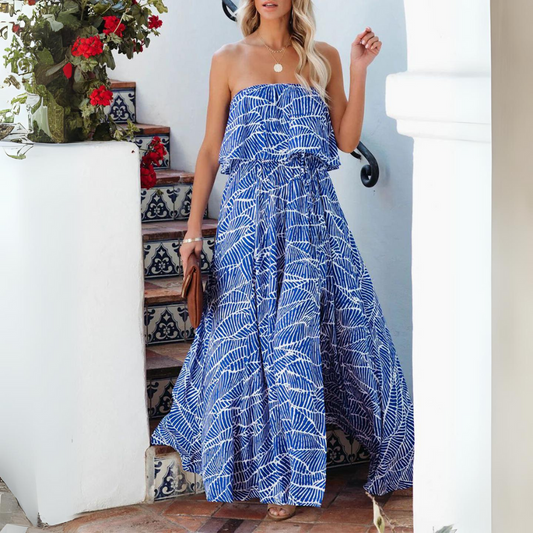 Anais - Blauwe Rosha Bedrukte Strapless Maxi-jurk met Stropdas