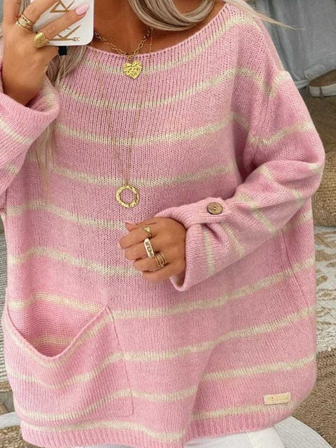 Leonie Chique Gestreepte Oversized Trui met Boothals en Zakken