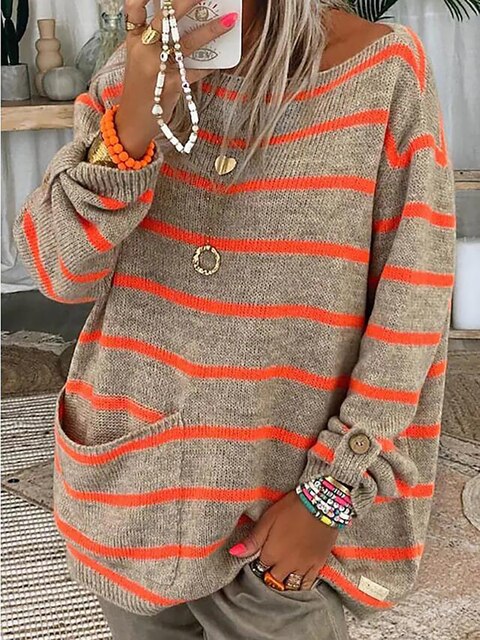 Leonie Chique Gestreepte Oversized Trui met Boothals en Zakken