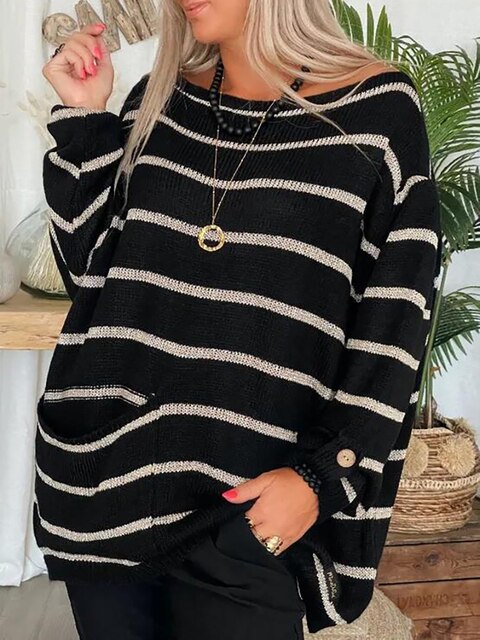 Leonie Chique Gestreepte Oversized Trui met Boothals en Zakken