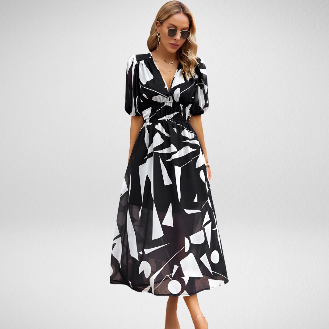 Linne - Abstracte Print Maxi Jurk met Pofmouwen