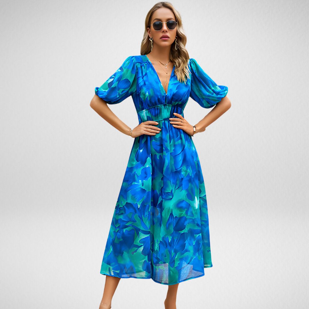 Linne - Abstracte Print Maxi Jurk met Pofmouwen