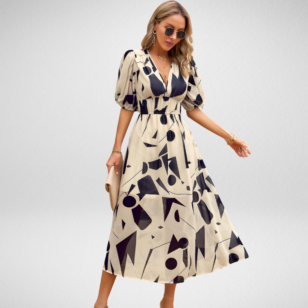 Linne - Abstracte Print Maxi Jurk met Pofmouwen