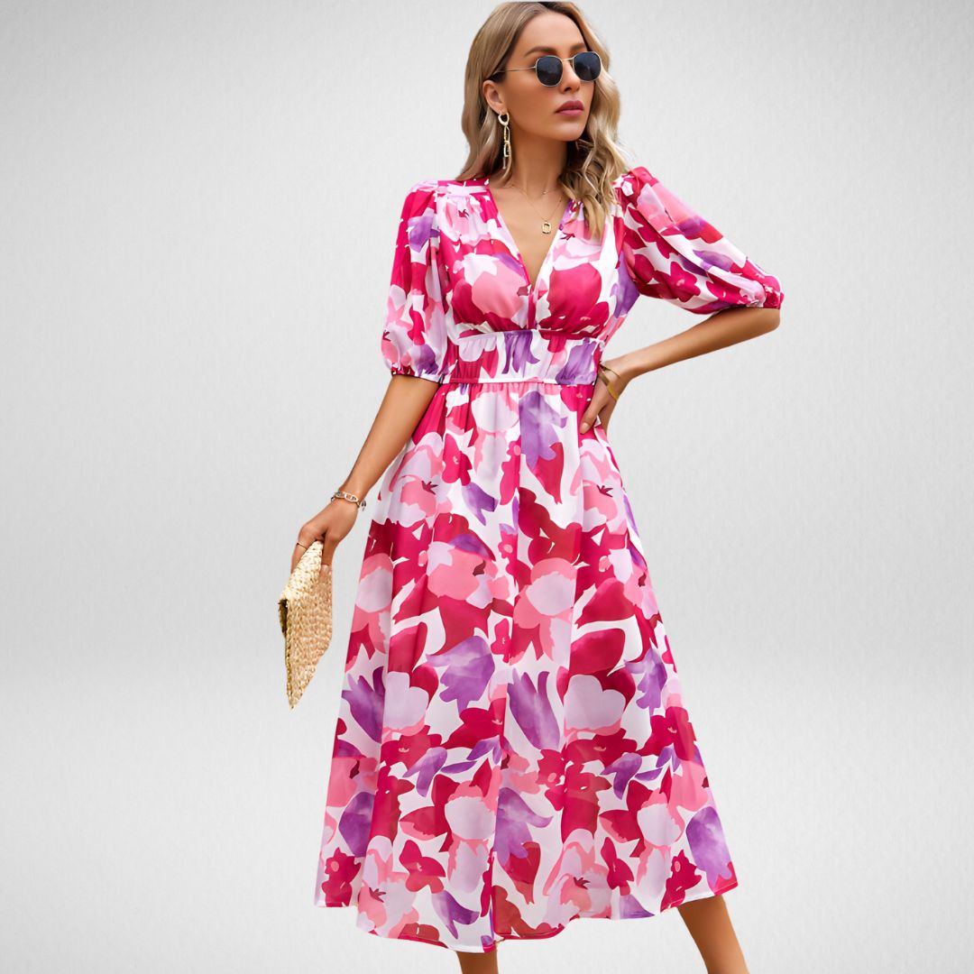 Linne - Abstracte Print Maxi Jurk met Pofmouwen