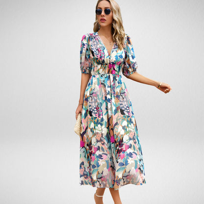 Linne - Abstracte Print Maxi Jurk met Pofmouwen