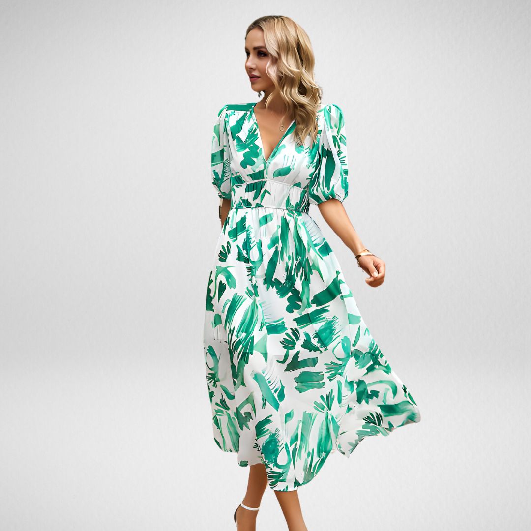 Linne - Abstracte Print Maxi Jurk met Pofmouwen