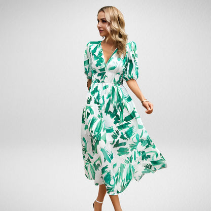 Linne - Abstracte Print Maxi Jurk met Pofmouwen