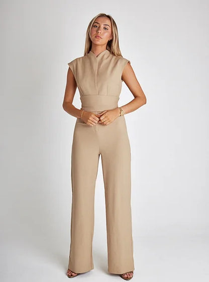 Olivette - Mouwloze jumpsuit met ceintuur en wijde pijpen