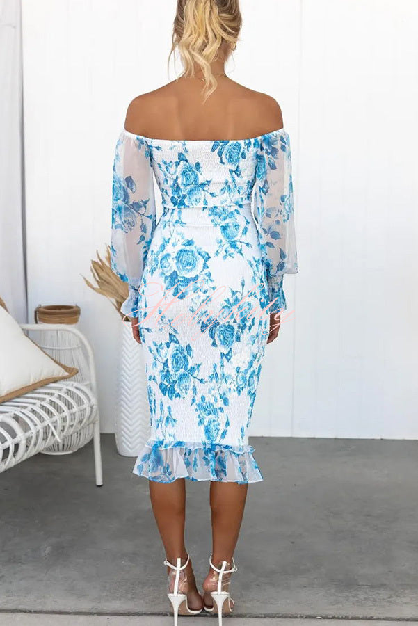 Meghan - Off-the-shoulder Midi-jurk met Gesmokte Taille en Felle Bloemen