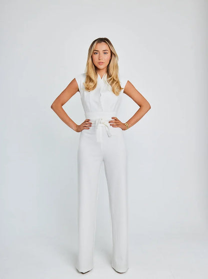 Olivette - Mouwloze jumpsuit met ceintuur en wijde pijpen