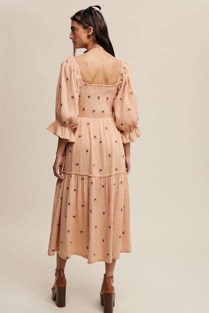 Sophia - Off-shoulder Geborduurde Midi Jurk