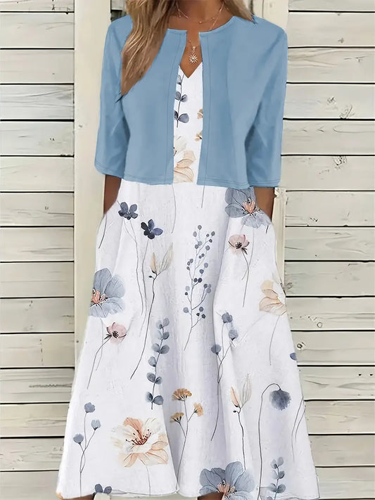Anna - Elegant Tweedelige Set Effen Kleur Vestje Top en Ronde Halslijn Bloemetjes Jurk