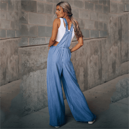 Sanura - Dames Denim Jumpsuit Tuinbroek Overall met Wijde Pijpen