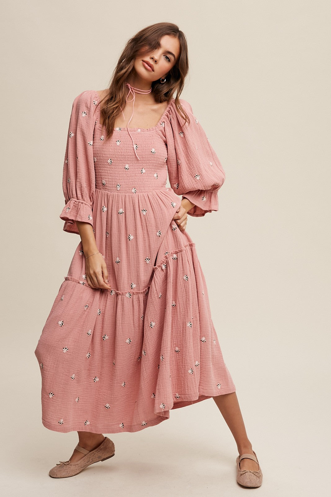 Sophia - Off-shoulder Geborduurde Midi Jurk
