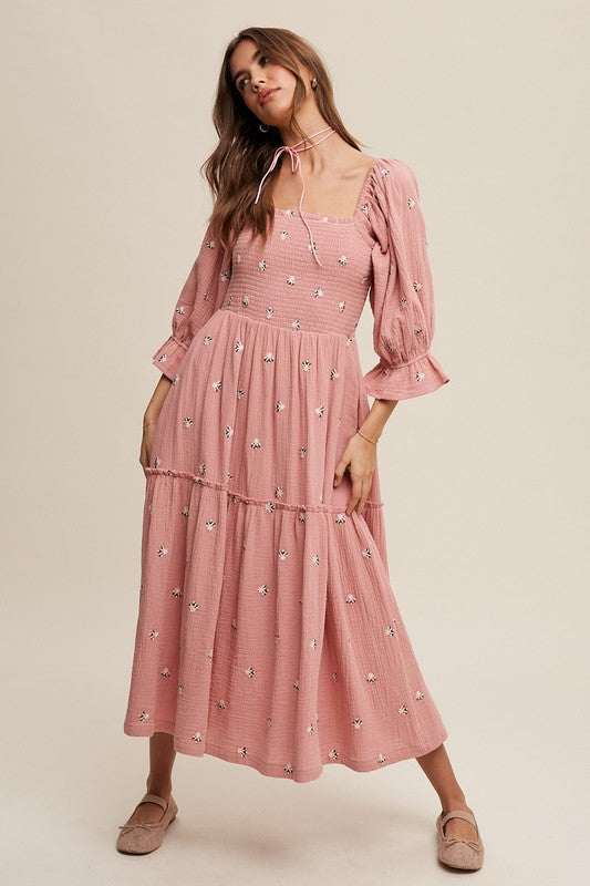 Sophia - Off-shoulder Geborduurde Midi Jurk