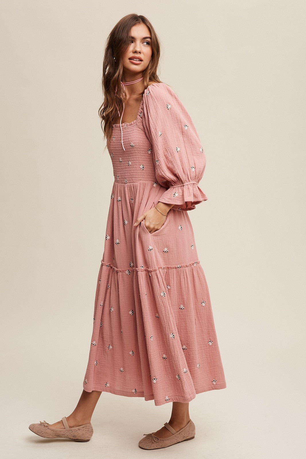 Sophia - Off-shoulder Geborduurde Midi Jurk
