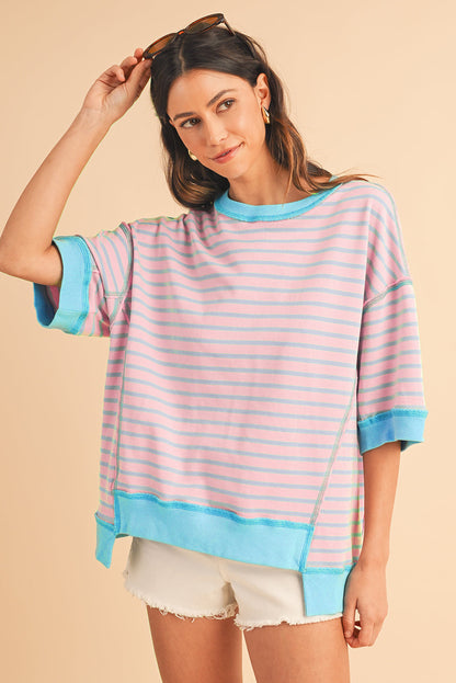 Anna - Horizontaal Gestreept Loose Fit T-shirt met Contrast Trim en Wijde Korte Mouwen
