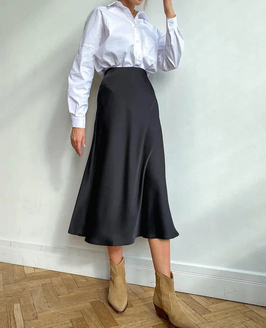 Dilana - Stijlvolle Satijnen Midi-Rok met Hoge Taille voor Een Verfijnde en Klassieke Look