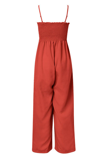 Maci - Jumpsuit met Gesmokte Spaghettibandjes en Wijde Pijpen