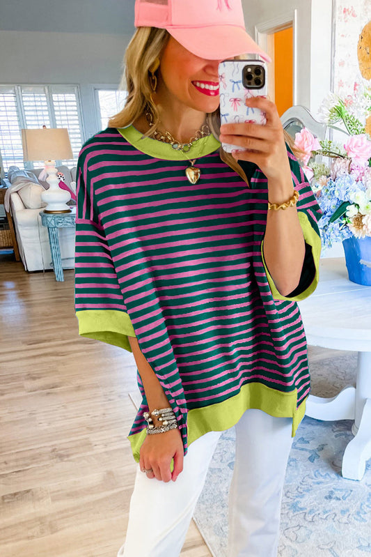 Anna - Horizontaal Gestreept Loose Fit T-shirt met Contrast Trim en Wijde Korte Mouwen
