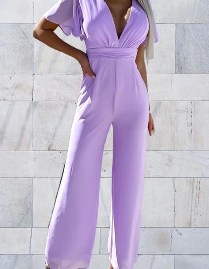 Eldora - Stijlvolle Jumpsuit met Diepe V-hals en Korte Mouwen voor Een Verfijnde en Modieuze Look