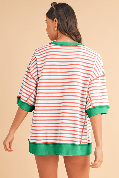 Anna - Horizontaal Gestreept Loose Fit T-shirt met Contrast Trim en Wijde Korte Mouwen