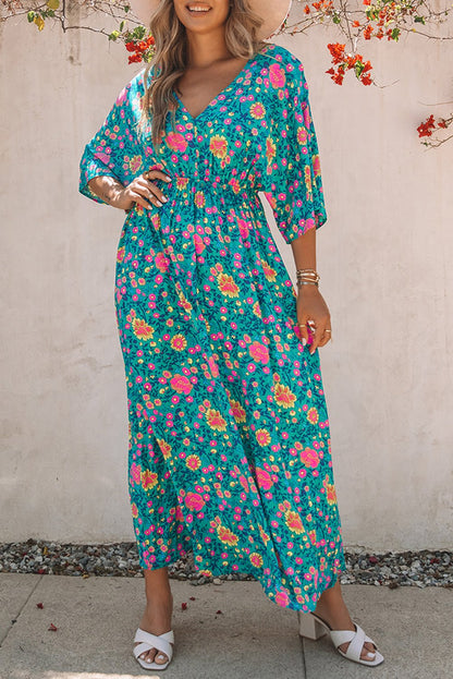 Claudia - Groene Bohemian Maxi Jurk met Diepe V-hals en Bloemenprint