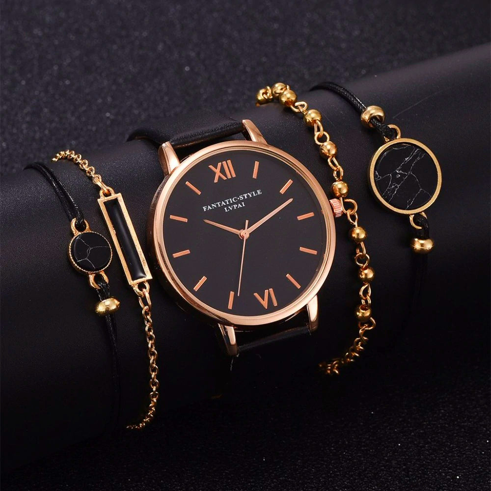 Analoog Quartz Horloge met 4 Matching Armbanden voor een Stijlvolle Vrouwelijke Look