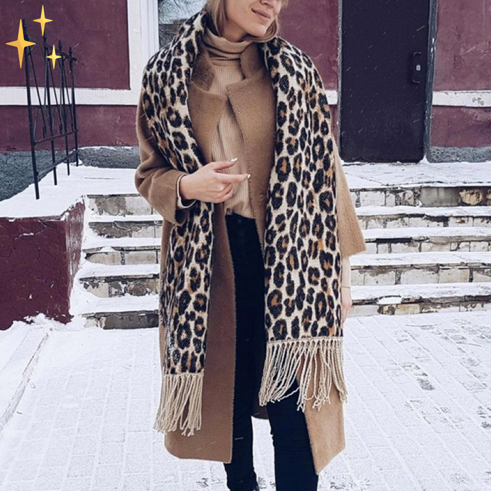 Megan Wollen Warme en Zachte Grote XL Sjaal met Leopard Print en Touwtjes