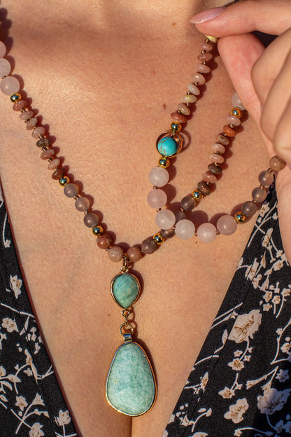 Diep Reinigende Pastel Mala Kralen Ketting van Amazoniet en Rozenkwarts