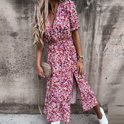 Aliana Bloemenprint Maxi Zomerjurk met Elastische Taille Zijsplit Halflange Mouwen en V-Hals