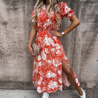 Aliana Bloemenprint Maxi Zomerjurk met Elastische Taille Zijsplit Halflange Mouwen en V-Hals