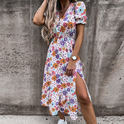 Aliana Bloemenprint Maxi Zomerjurk met Elastische Taille Zijsplit Halflange Mouwen en V-Hals