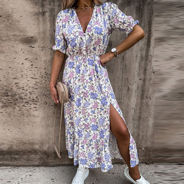 Aliana Bloemenprint Maxi Zomerjurk met Elastische Taille Zijsplit Halflange Mouwen en V-Hals