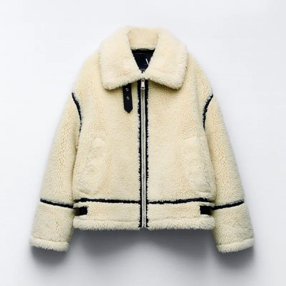 Teddy Modieuze Oversized Wollen Winterjas Motorjacket met Zwarte Accenten Gesps en vol Warmte