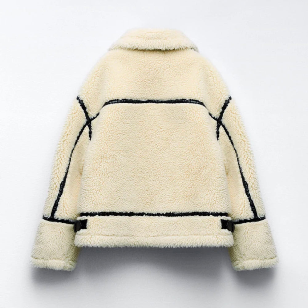 Teddy Modieuze Oversized Wollen Winterjas Motorjacket met Zwarte Accenten Gesps en vol Warmte