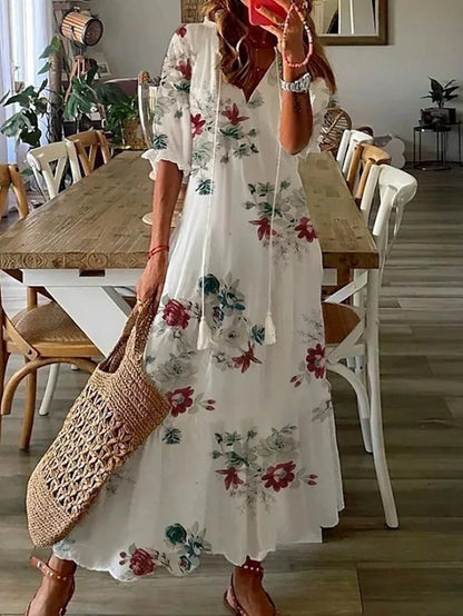 Eva - Bohemia Chiffon Bloemen Maxi Jurk met V-Hals en Halflange Mouwen