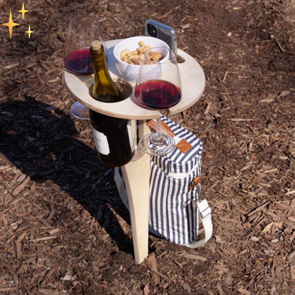 WineTime Inklapbaar Draagbaar Houten Tafeltje voor Wijnglazen en Fles voor het Strand of het Park
