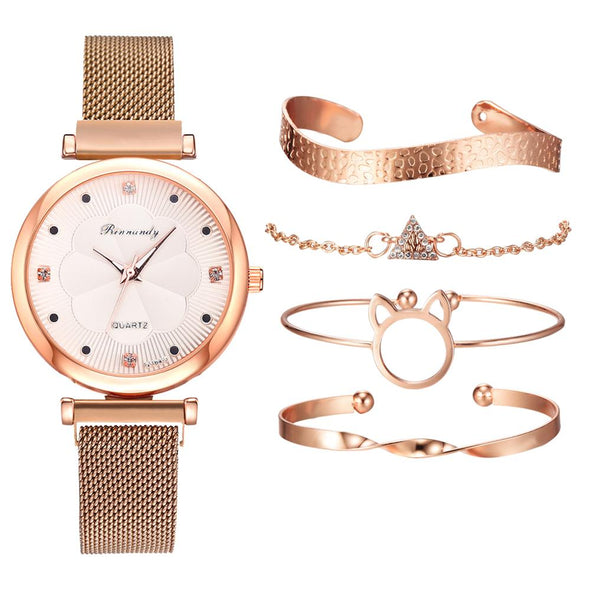Rosé Gold Analog Quartz Horloge Luxury Set + 4 GRATIS Armbanden | Stijlvol en schitterend de zomer door